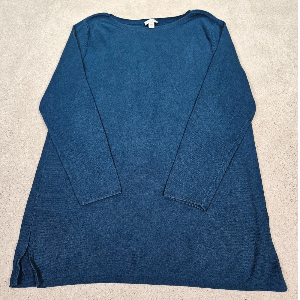 J Jill Teal Blue Boat Neck 3/4 Sleeve Knit Tunic Sweater Sz L Classic Minimalist
